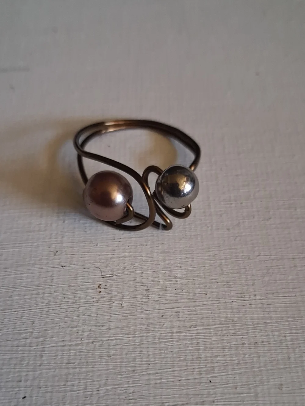 Double Pearl Accent Open Wire Ring - Brown and Silver